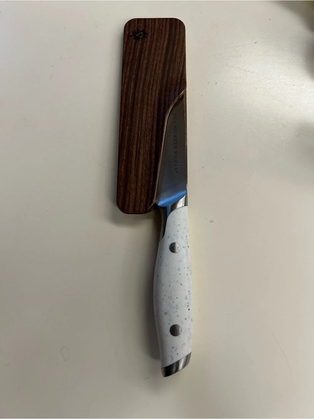 Pioneer Woman nakiri knife White Speckled Handle with Wooden Sheath